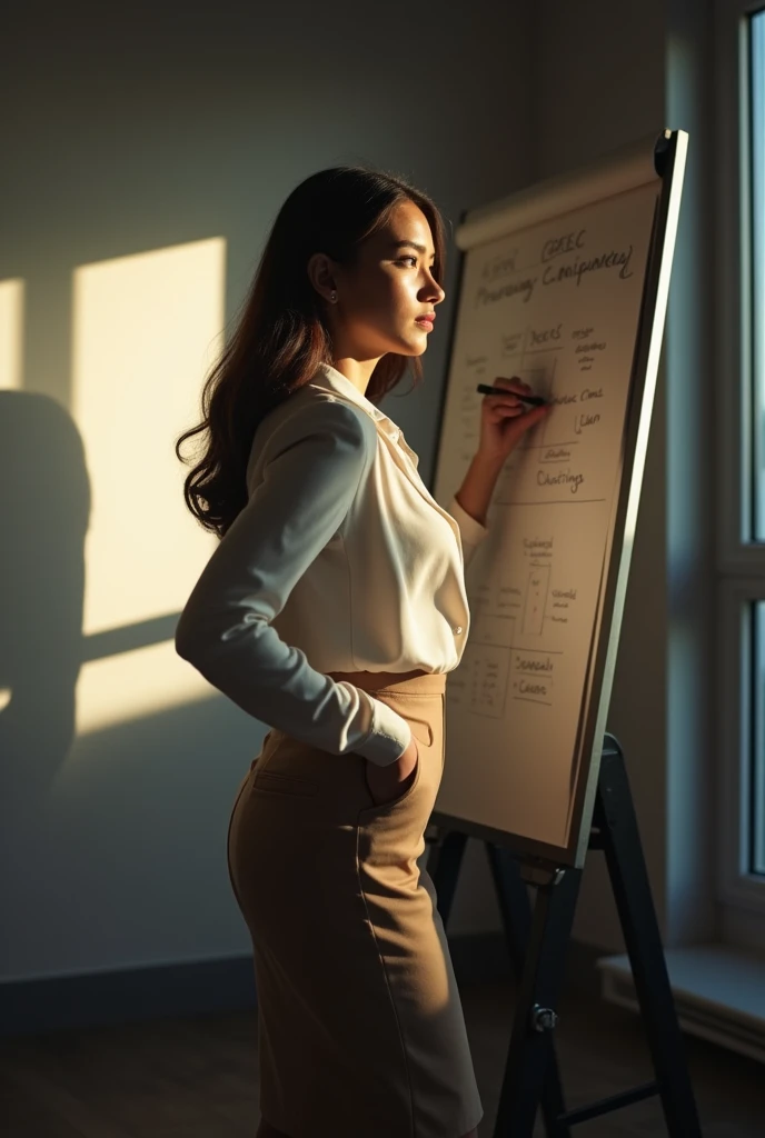 A captivating and sophisticated portrait of a young, woman standing confidently in front of a whiteboard, leading an engaging corporate strategy meeting. She dons a long-sleeved blouse, a delicate blazer, and a pencil skirt, elegantly showcasing her figure. Her meticulously crafted strategy on the whiteboard reflects her exceptional talent and brilliance. The dimly lit room, with sunlight streaming through a nearby window and casting intriguing shadows, creates an atmosphere that is both warm and intellectually stimulating.