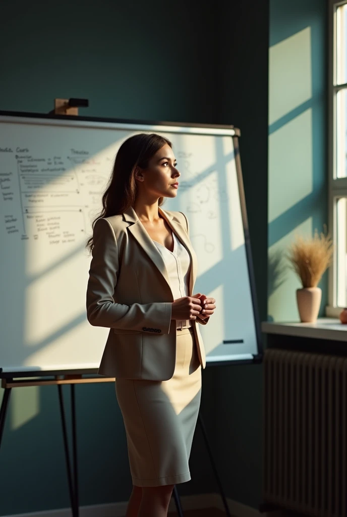A captivating and sophisticated portrait of a young, woman standing confidently in front of a whiteboard, leading an engaging corporate strategy meeting. She dons a long-sleeved blouse, a delicate blazer, and a pencil skirt, elegantly showcasing her figure. Her meticulously crafted strategy on the whiteboard reflects her exceptional talent and brilliance. The dimly lit room, with sunlight streaming through a nearby window and casting intriguing shadows, creates an atmosphere that is both warm and intellectually stimulating.
