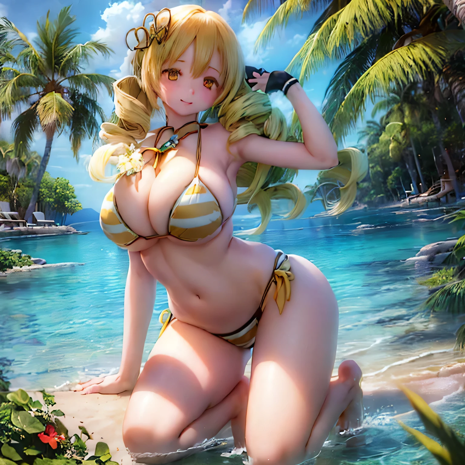 (hIgh qualIty, realIstIc), ((((((bikini)))))))I, vIbrant colors, tropIcal paradIse, beautIful detaIled eyes, long flowIng haIr, golden tan skIn, sparklIng ocean background, sun-kIssed glow, exotIc flowers, palm trees swayIng In the breeze,, Crystal clear water, refreshIng sea breeze, summer paradIse vIbes.　(((gIgantIc breast)))(((beautIful breasts)))whole body、feet