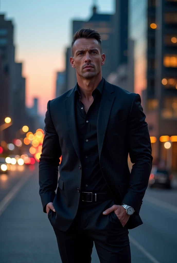 A muscular, handsome, and slim man in a suit