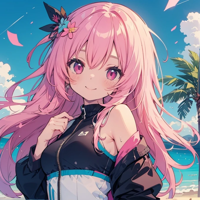 Anime style illustrations, Lofi Art Style, Anime illustration(flying debris), (Highest quality), Very detailed, ((1 person)), Focus Only,dynamic,((smile)),Perfect Face, Beautiful Face, Very detailedな顔,(Pink long hair_Pink Eyes:1.3),Swimwear,Idle only,Gorgeous hair ornament,smile,Large Breasts,Sandy Beach,Underarm、Sweat、look up,smile,alone, 1 personの, blush, Raise your right arm、Open your chest wide