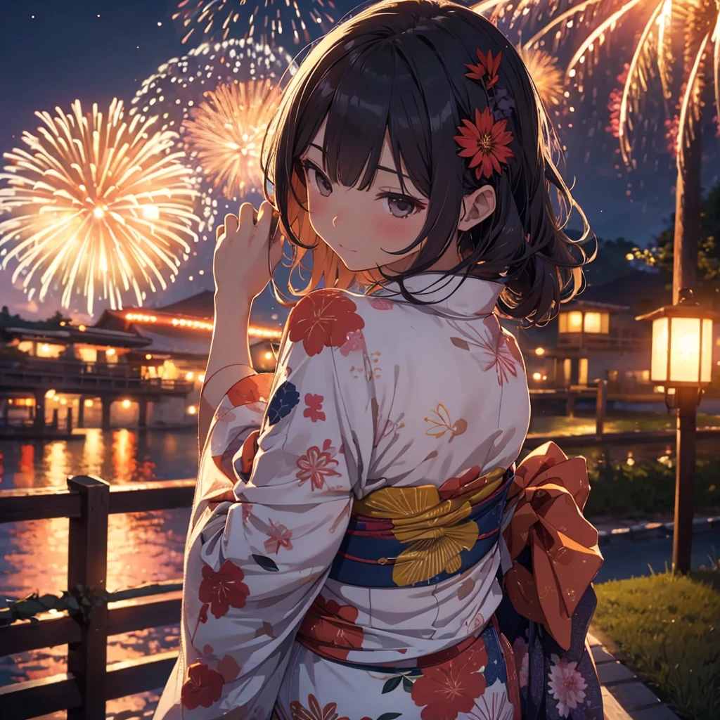 summer night Woman in yukata watching fireworks