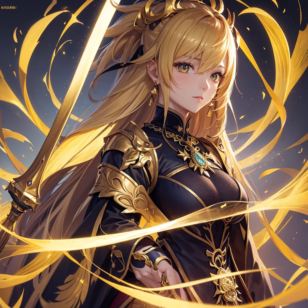 {{Absurdres, best quality}}
1woman {{army, purple knights}}, (epic, aesthetic, perfect, glorious, intricate:1.2), (depth of field:1.4), (beautiful, 40 years old woman) (golden bulky armor, long white cloak), cinematic shot, strong lighting, (1woman, solo:1.4), (perfect female form, perfect face, thin lips, calm, serious, imponent, eyeliner), (blonde hair, tied in long thick ponytail), (big natural breasts under golden armor, narrow waists under golden armor), standing in foot (waering golden thick boots), holding a fire long sword with her left hand far of a silver castle, surrounded by knights in uniformed purple and gold armors, (cowboy shot)