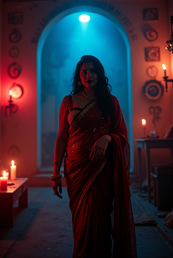 ( glowing eyes:1.5),Fortune telling hall,indian astrology,Looks like Aparna Dixit, full body Closeup shot, Big chubby aunty, milf, cougar lady witch, horny Gothic milf, 50 years old gorgeous mature lady, pervert demoness, demoness of lust, curvy, black lips, horny face, extremely gorgeous, thick figure, heavy physique, voluptuous, curvy, sexy figure, Fashionable portrait of androgynous alien looking witch wearing veil,( glowing eyes:1.5), futuristic design, minimal details, givenchy, photoreal, 200mm, hd, f/ 2.0, highly detailed, surreal, sexy beautiful evil woman, sexy bold sequin Saree with strapless Bra, chudail, Pishachini, horror genre, blood-thirsty enchantress, powerful female spirit, eerie, drop dead, in the style of red and blue, (intricate details, hyperdetailed:1.15) (skin texture:1.2), dark Moody tone, cinematic lighting, haunted place in background,