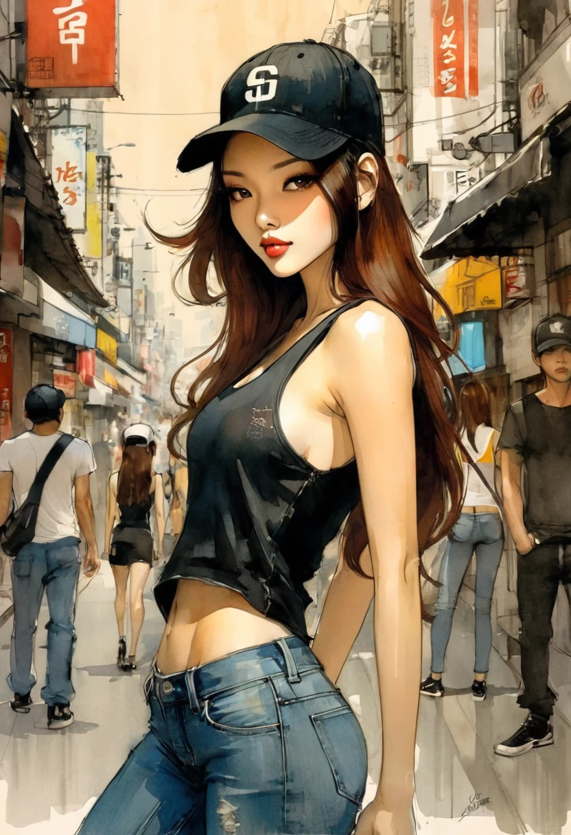slim girl, sexy, modern, black baseball cap, jeans, very tight black tank top, very long brown hair, Korean features, on the streets of Seoul, sketch,.art inspired by Bill Sienkiewicz