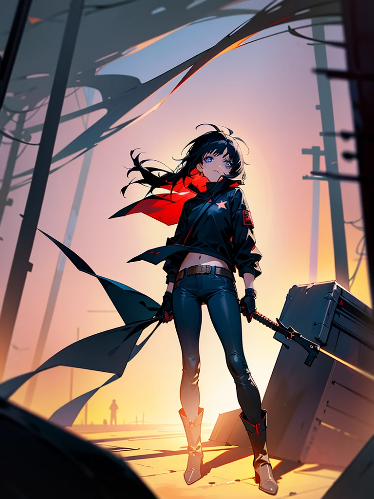 Anime girl, blue eyes, (short messy black hair), assassin, longsleeved long jacket, black shirt with red star underneath. Dark jeans, heeled ankle boots. Black gloves. Garter on left thigh. Standing in alleyway, side-facing. Sunset, long shadows, detailed shading.