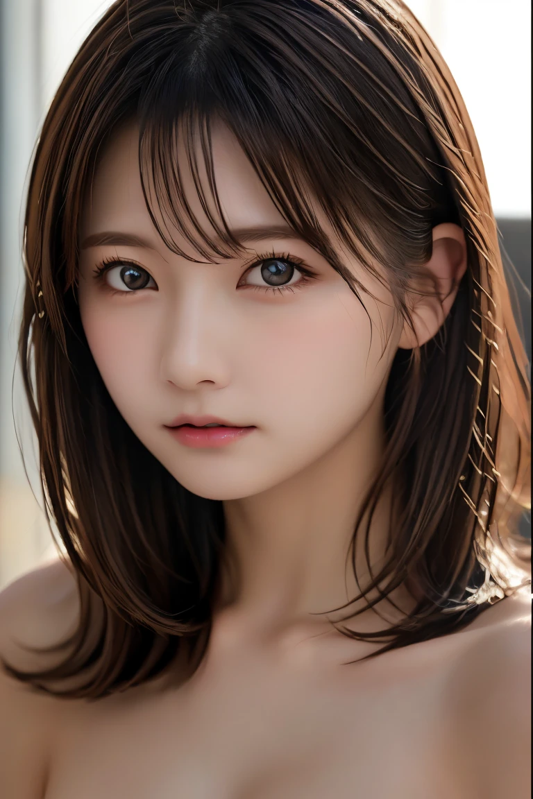 masutepiece, Best Quality, 8K, 8ars old, Teen, Raw photo, absurderes, award winning portrait, Smile, Solo, (Night:1.8), Idol face, Delicate girl, Upper body, Digital SLR, Looking at Viewer, Candid, Sophisticated,Thin arms, Professional Lighting, Film grain, chromatic abberation, (Eyes and faces with detailed:1.0), (Bokeh:1.1) , (OL Uniform:1.1) , closes mouth , A dark-haired , drooing eyes , big-sized breasts ,(red-lips , thick lip:1.1) , de pele branca , 15ear face