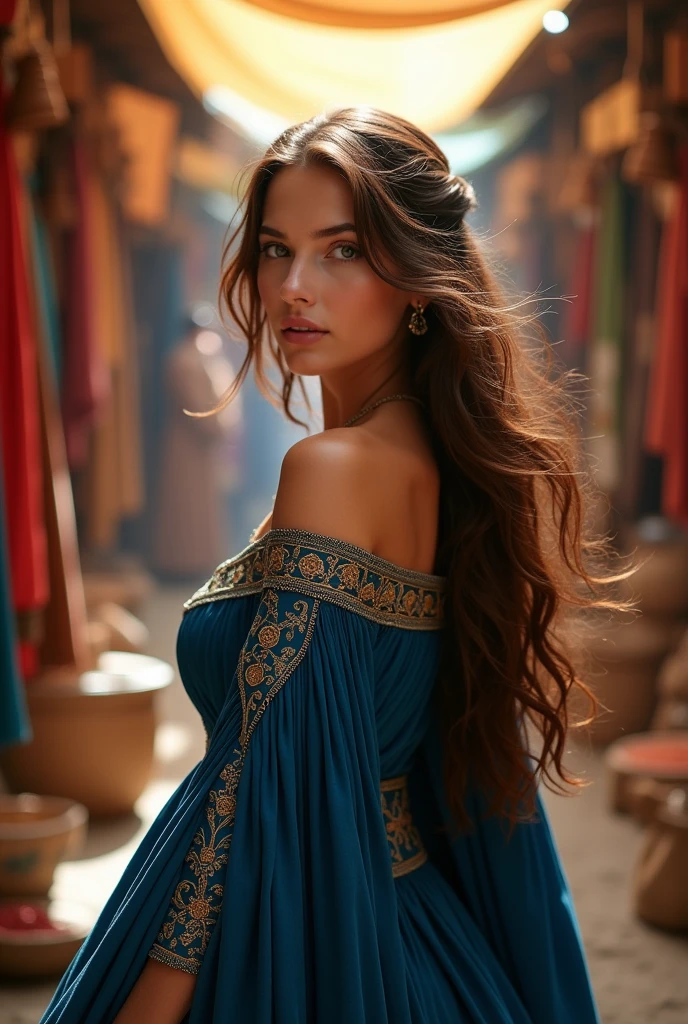 Young woman with brown hair wearing medieval blue 