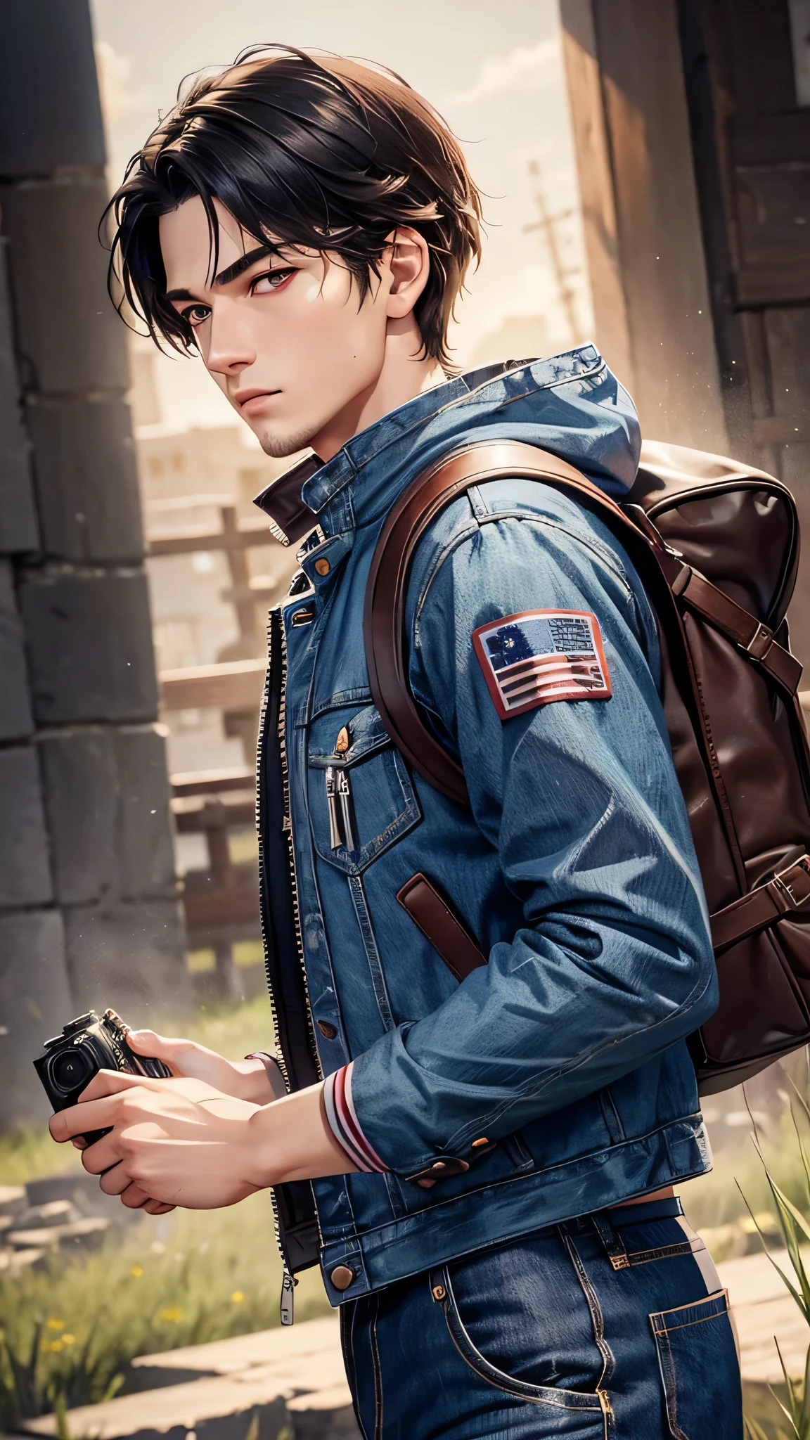 最high quality、Best image quality、masterpiece、male((18-year-old、slender、Stubble、Have a camera、White shirt、Red eyes、all back、Black Hair、Fighting Pose、Black rider jacket、Blue denim trousers、Black Rucksack、Stubble、Show the whole body))high quality、Beautiful art、background((grassland、Strong winds)),Tabletop、Exquisite design、Visual Arts、Written boundary depth、Best lighting、Highest detail、8k