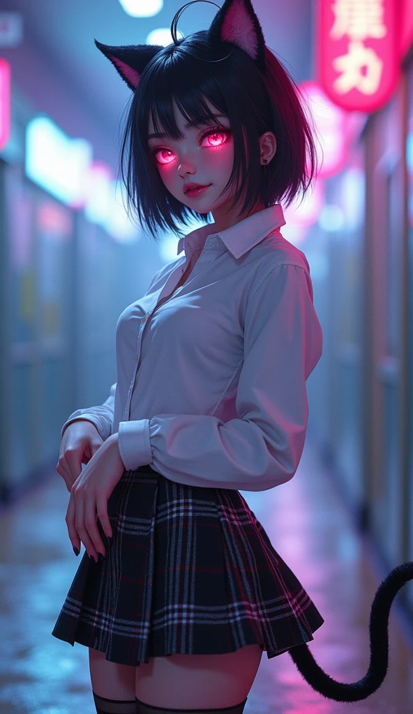 (((There is one girl:1.5)))，Waifu  E-girl, Cat Ears, Cat Tail, ((Glowing-Pink-Eyes))，(((A tall high school girl with a model figure)))，Perfect proportions，(Standing facing this)，Full body photography，(wide thighs, Very long legs)，Fleshy，Mid-chest，(((Cleavage)))，Breast enlargement，swelling of the nipples，Unbutton your shirt，Loafer Asterpiece on the ground:1.3)，((8k, Photorealistic:1.4))，((Surreal，RAW Photos, highest quality: 1.4))，((Ultra high definition，Super detailed)), Beautiful Face，((Realistic face)，(Brown's shortcuts:1.3))，Short Hair，Disheveled Hair，Fluffy hair，Detailed eyes，Realistic beautiful skin，Golden Ratio，Super cute，Open your mouth a little，smile，High school girl in summer clothes，White shirt，Sweaty，Wetty，(Wet shirt)，See-through shirt，Light clothing，Surreal school girl，pleated micro mini skirt，Checkered micro mini skirt，Pleated miniskirt with tartan check，((I can see your panties！！))，pantyhose，(Black Stockings)，((Knee-high stockings))，loafers，Esbian all over，High school girl wearing JK uniform，Sexy pose，Anatomically accurate body，Precisely drawn fingers，