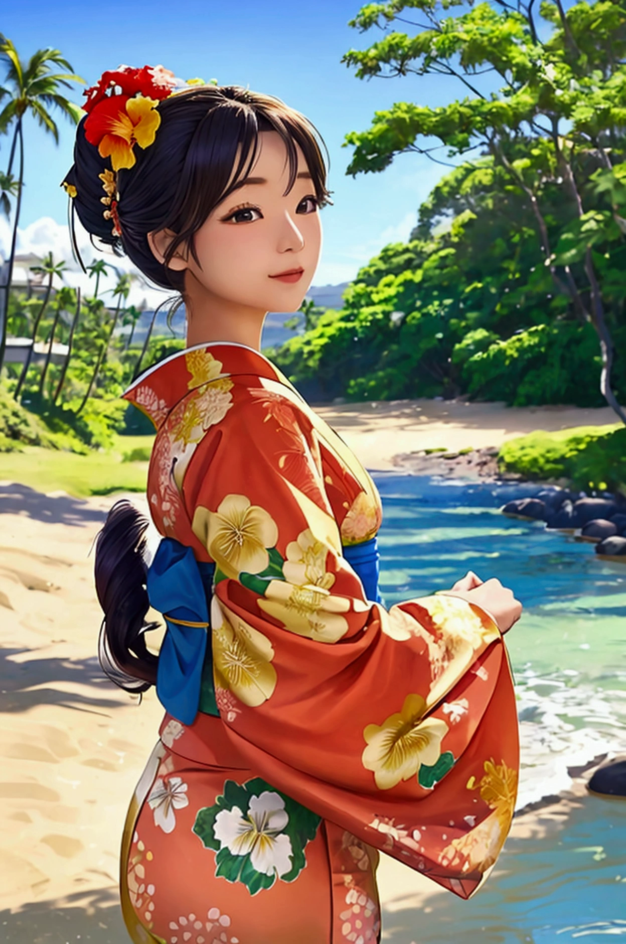 A picturesque view of a Hawaiian beach featuring a beautiful woman in a kimono。Sunny midsummer sky。The sun is dazzling。tropical,She has a hibiscus hair ornament in her hair.