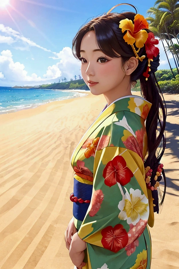 A picturesque view of a Hawaiian beach featuring a beautiful woman in a kimono。Sunny midsummer sky。The sun is dazzling。tropical,She has a hibiscus hair ornament in her hair.