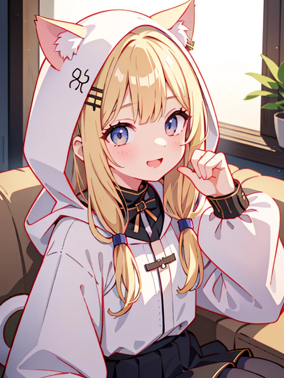 Highest quality、Ultra-high resolution、Highly detailed face、Eye highlights、A girl of about twelve, still with a touch of childishness、Long wavy blonde hair、｟The girl is wearing a hood on her head、The hood has cat ear-shaped decorations.｠、smile、sitting、Upper body close-up