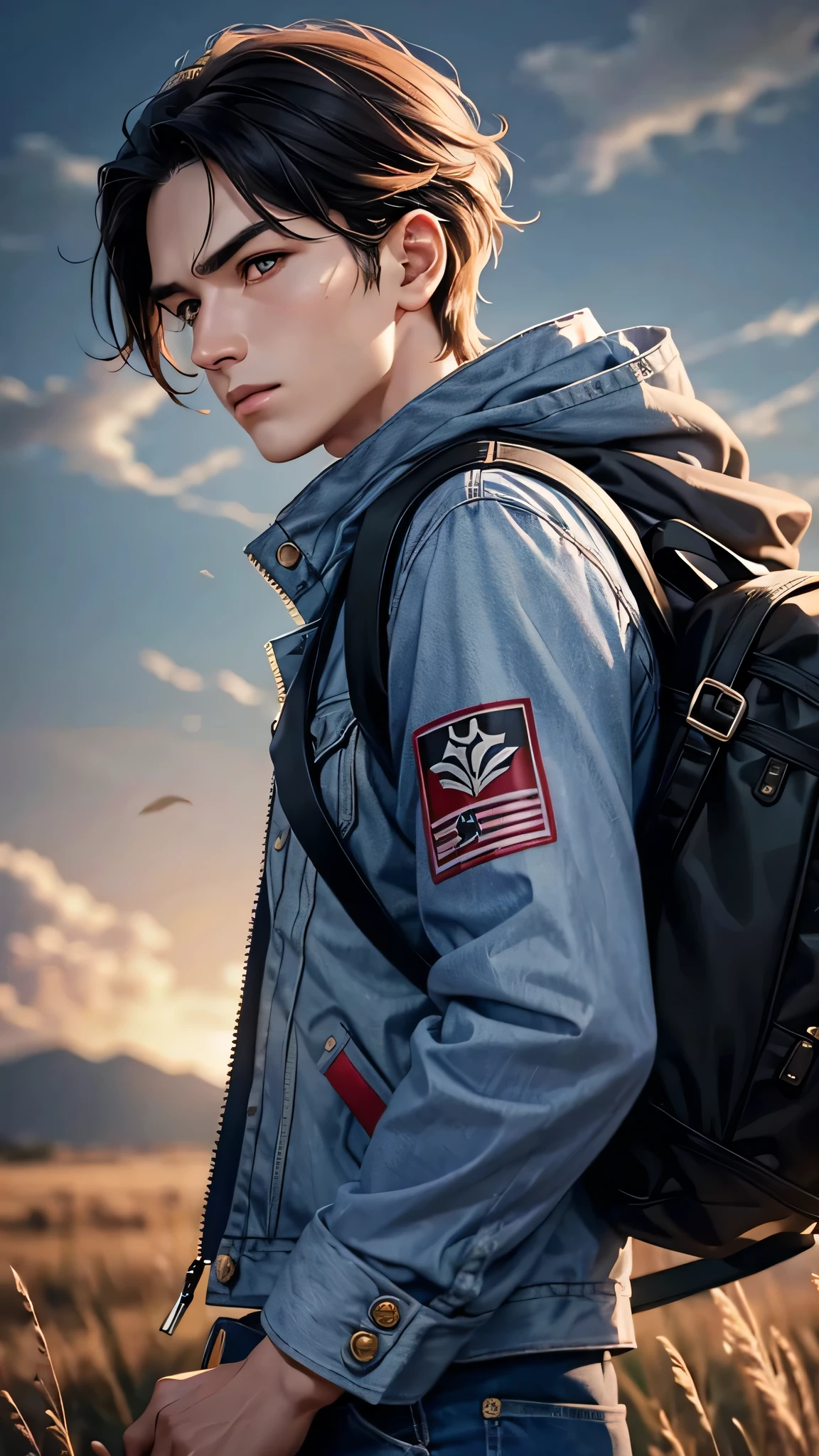 a character sheet of a boy with short mowhawk black hair and a red backpack, red shoes, anime on shirt, character sheet, multiple angle, japan studio animation style --auto --s2