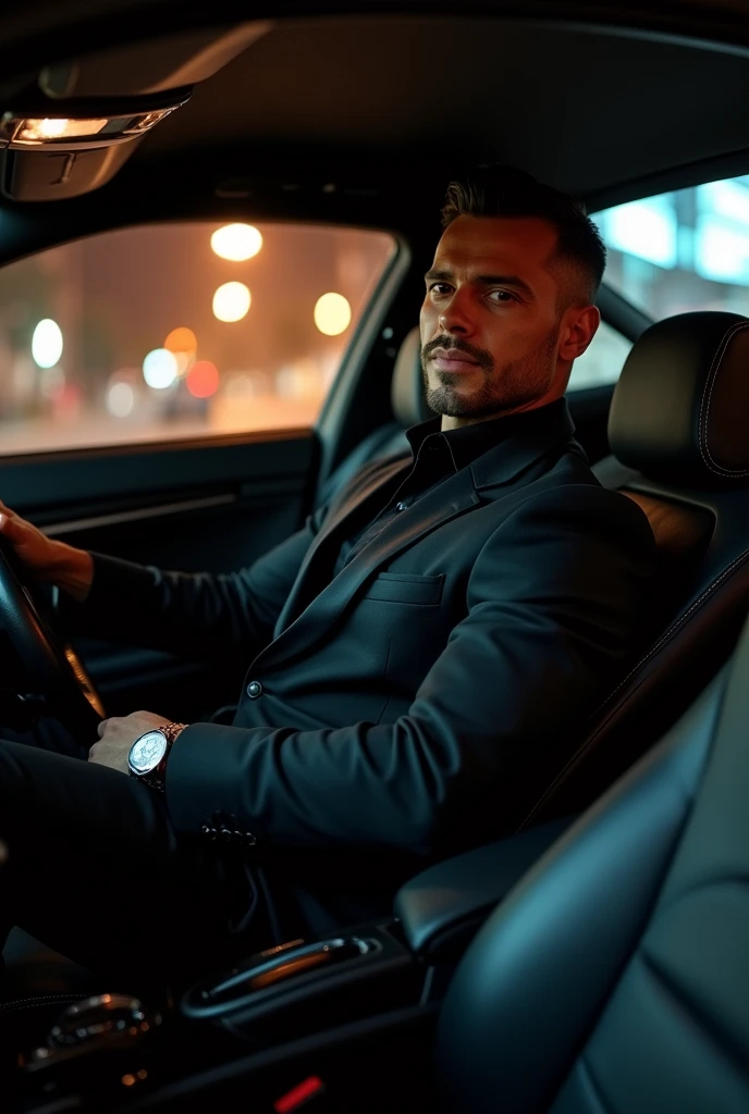 40 year old man,black suit,inside the car, legs wide open, The crotch area of the pants is bulging, bulging muscles,homosexuals, short hair,leather,latino, Armani suit