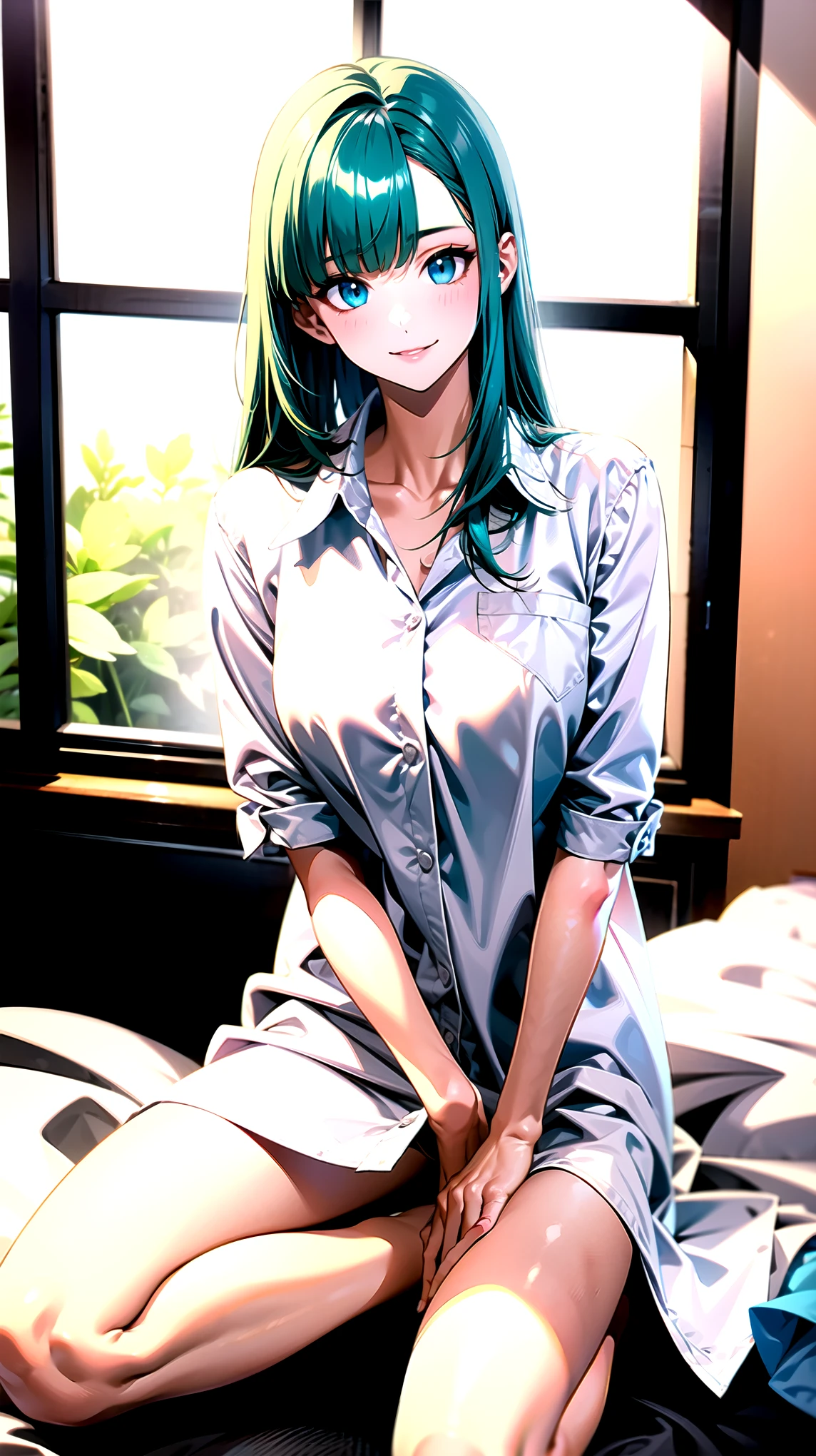 ((super high quality,Ultra-high resolution,4K,8k,super masterpiece,Ultra HD ,Detailed shading)),Full body photo,By the window in the morning sun,Sit on the bed,1 high school girl,popped collar White shirts,Bend your sleeves up to your elbows.,Straight emerald blue hair that extended to her shoulders,Side-swept bangs,Light blue eyes,Sharp gaze with raised eyebrows,smile,