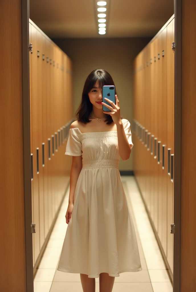 A Japanese woman taking a selfie in front of a full-length mirror。She is wearing a casual dress.。The chest looks attractive。The background is the locker room。