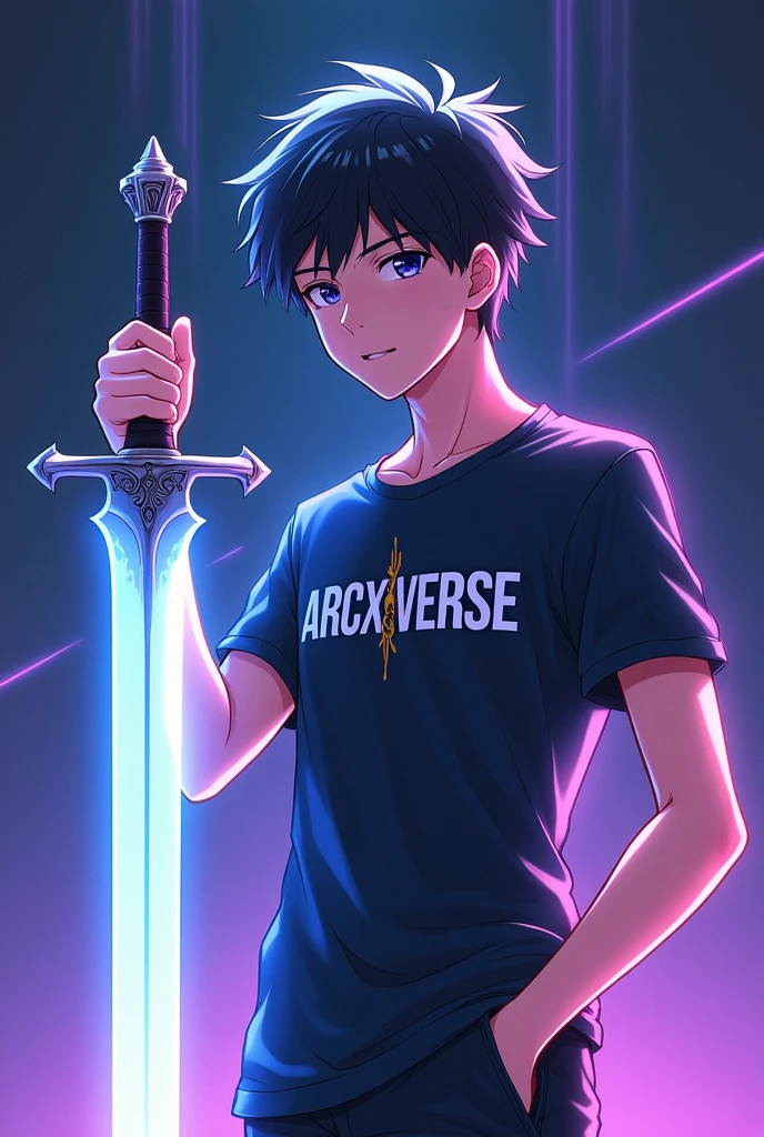 Create a striking anime-style image of a handsome boy standing confidently with a powerful presence. The boy’s sword is the focal point, with "ARCXVERSE" engraved boldly and stylishly along the length of the blade, glowing with an ethereal light. The lettering should be in a modern, sleek font that stands out prominently. The boy’s T-shirt also features "ARCXVERSE" in the same bold and stylish font, making it a central element of his outfit. The background is minimalistic, with a soft gradient that draws attention to the boy and the bold text, creating a clean and impactful composition