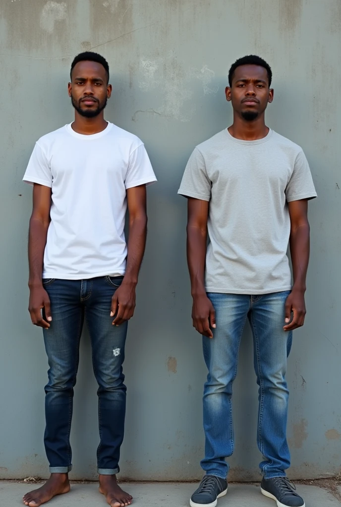 A before and after picture of a 23 years old ethiopian man standing in-front of grey wall that have small stains, having no beard in his face, who increased his height by 20 centimeters, wearing a t-shirt, make it realistic