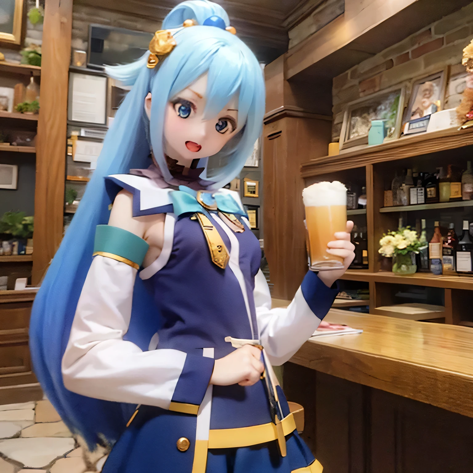 (a young girl and) Blue Hair, (wear) a white and blue dreSS, (Holding) staff, (Standing) wealthy, Vibrant Gardens, (and) At the bar (Holding a mug and drinking beer) Around her, (Down) Clear blue sky.(((((punch)))))
(Portraiture) girl&#39;S, (Realistic) rendering, (and) (Very detailed) Features, (Inclusive) Sparkling Blue EyeS, (薔薇Farbeの) lips, and (length) eyelash.
(Highest quality, 4K, High resolution) image, (and) (vivid) Farbe, (Emphasis expressed) &#39;s and lively appearance.
(the garden iS filled and)  (end) a warm and inviting atmoSphere, (and) Light up the scene.villain poSe
have a magic wand (((open your mouth and laugh)))