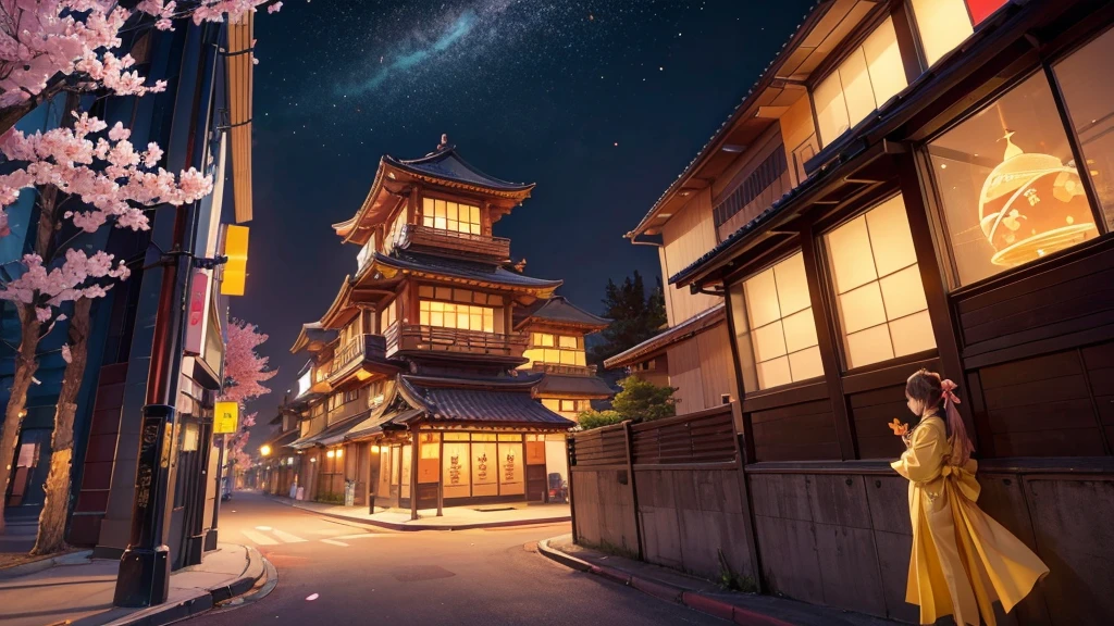 A high-end Japanese restaurant with a ninja twist Fold cherry blossoms Yellow neon Golden Pika Building streets of the near future Japanese Cyber hologram huge round window Elegant adult space shuttle