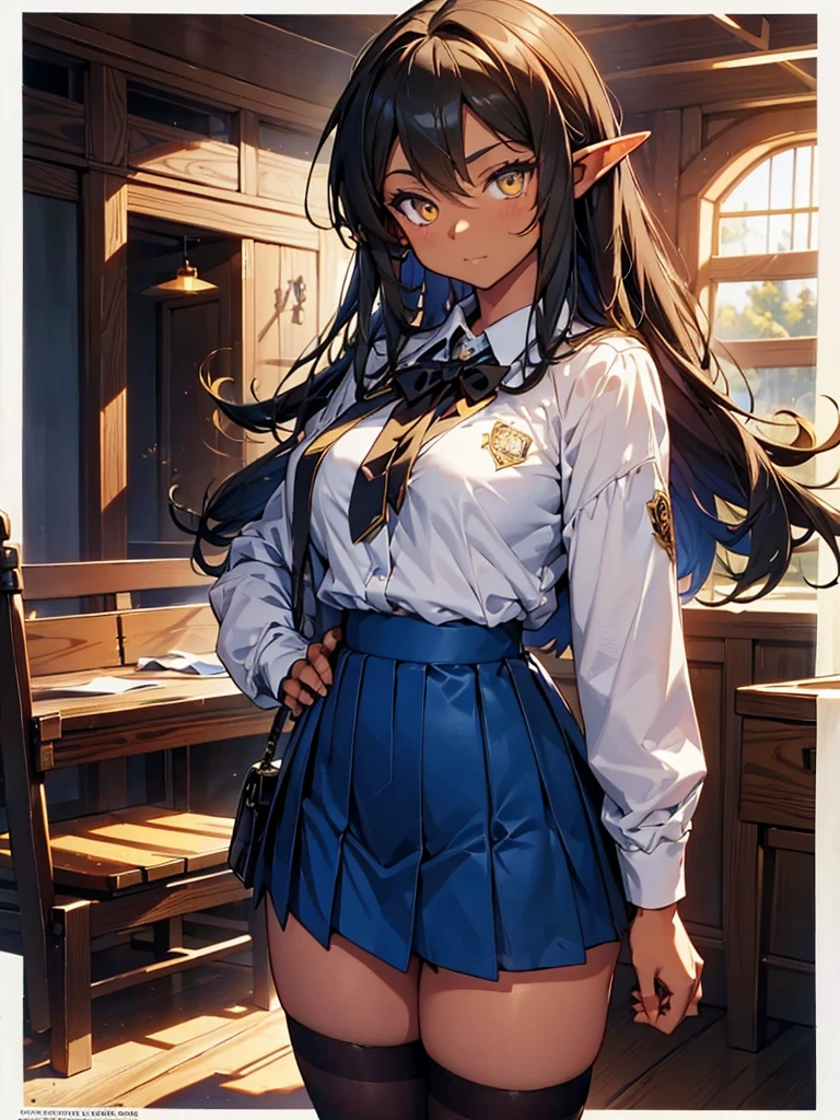 Black background with spotlight,mature elf １people((Dark Skin:1.5,Golden eyes:1.4,Bright 緑色のhair:1.3,Gal Style,big ,)), Leopard print underwear,Tianshangyuan_Asuka,1peopleの,length_hair,duel_School_uniform_\(Yu-Gi-Oh!_gx\),big_chest,　Yellow Eyes,　Blue Skirt,　White jacket,Mini skirt
