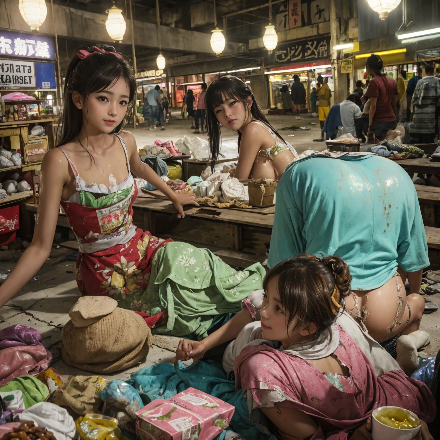 ((masterpiece、Highest quality))、Beautiful girls gather.、Girl in summer clothes、(Detailed and cute face:1.3)、(Poor conditions、Dim and unsanitary、Crumbling underground shopping mall、Showa Retro)、屋台のdiet店、stage、sewage、Dirty shop、street vendors、Unsanitary and abandoned city、smile、diet、Poor person々
