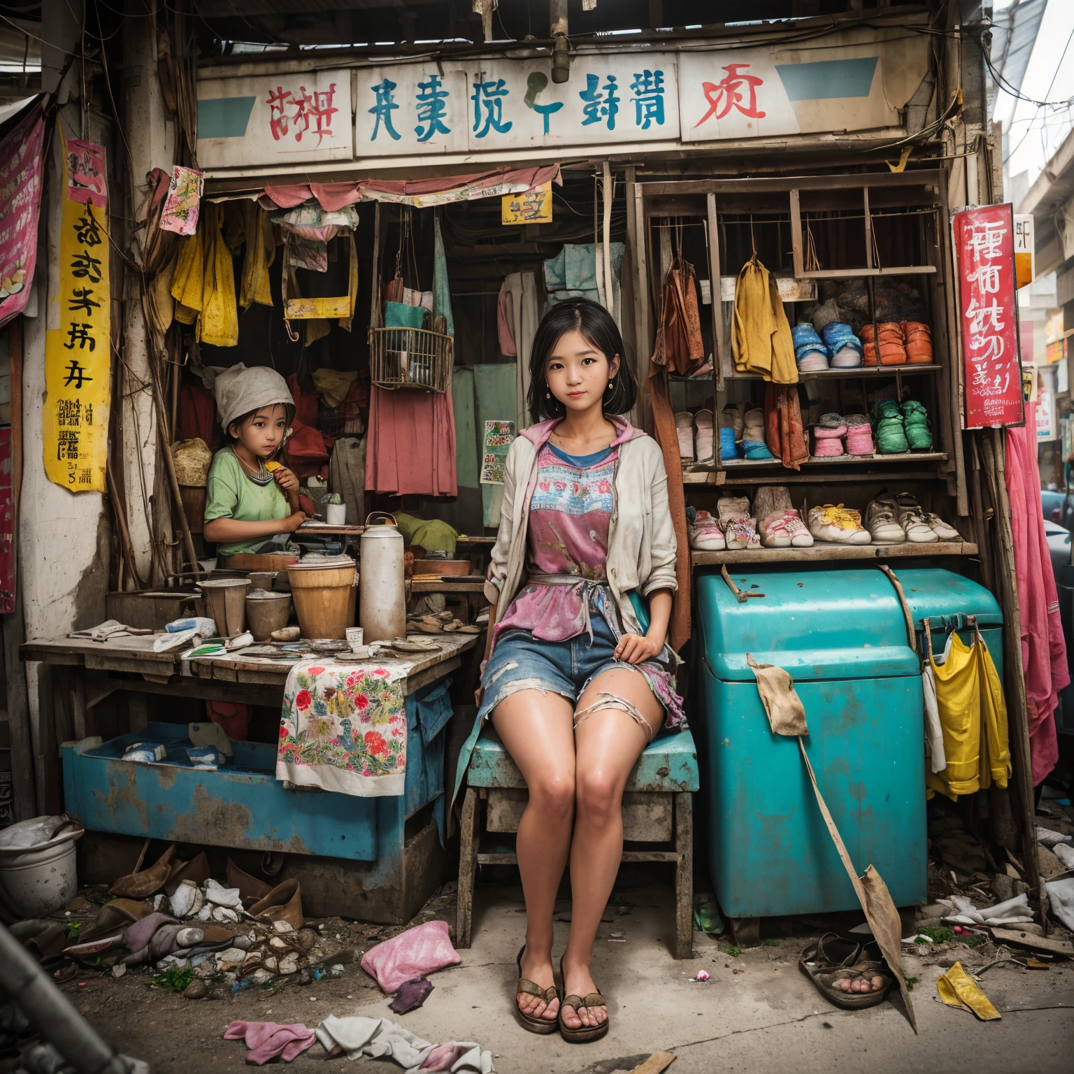 
((masterpiece、Highest quality))、Beautiful girls gather.、Girl in summer clothes、(Detailed and cute face:1.3)、(Poor conditions、Dim and unsanitary、Crumbling underground shopping mall、Showa Retro)、屋台のdiet店、stage、sewage、Dirty shop、street vendors、Unsanitary and abandoned city、smile、diet、Poor person々