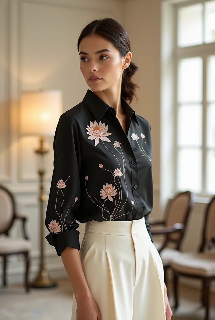 8k image of model wearing black tucked-in shirt with lotus flower pattern. Cream colored stand-up skirt. Luxurious elegant style. Background with rice white walls, chairs, lamps