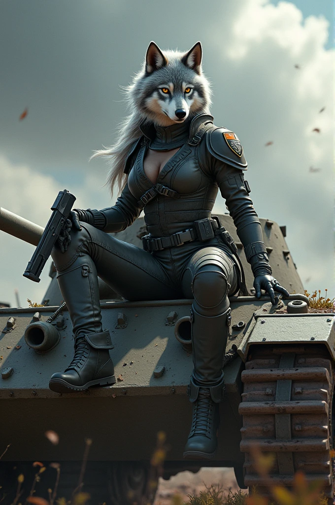 female anthro furries wolf in military uniform sit on tank and hold pistol at the camera
