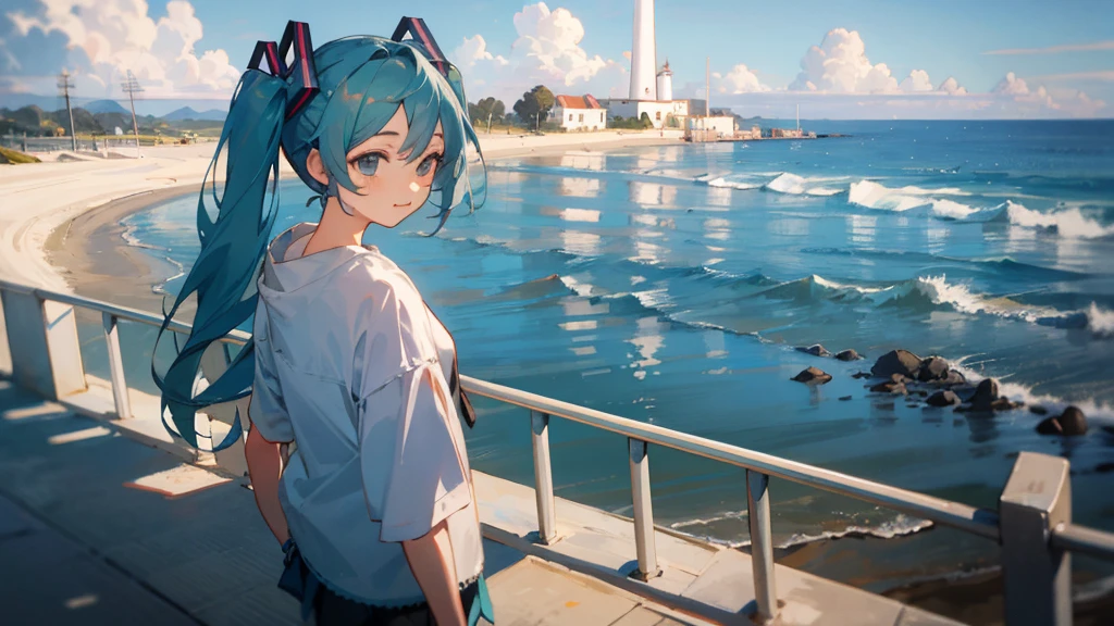 masterpiece, Highest quality,One person, hatsune miku,Lighthouse in the background