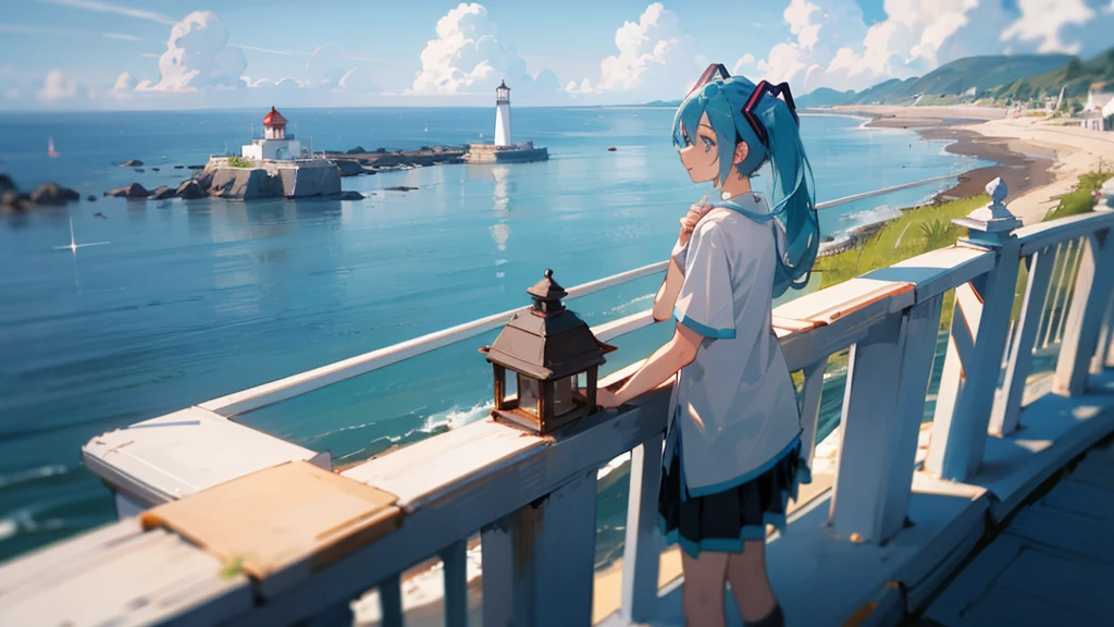 masterpiece, Highest quality,One person, hatsune miku,Lighthouse in the background