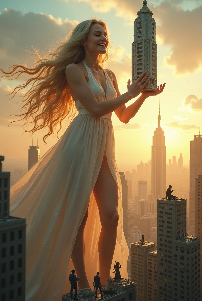A blonde giantess woman eating a city