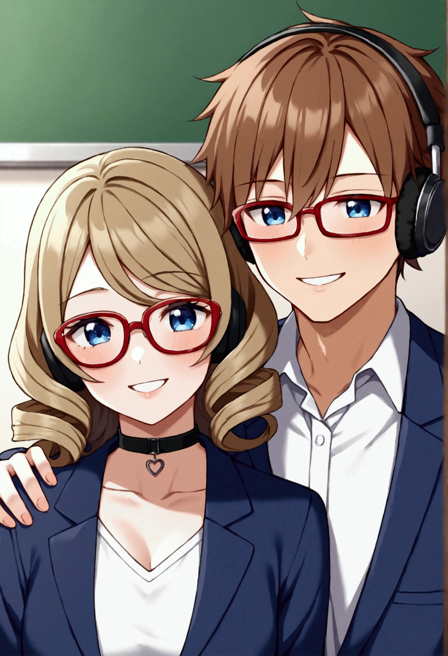 anime style, ((1boy with dirty blonde colored shoulder_length curly hair covered his side eye with black headphones around his neck, choker on his neck, grey_shirt under open long sleeves blue university blazer with upturned_collar)), getting his rear hit by ((1girl short brown haired girl with blue eyes wearing pale brown parka and red frame glasses, smiling)), university classroom, daytime lighting