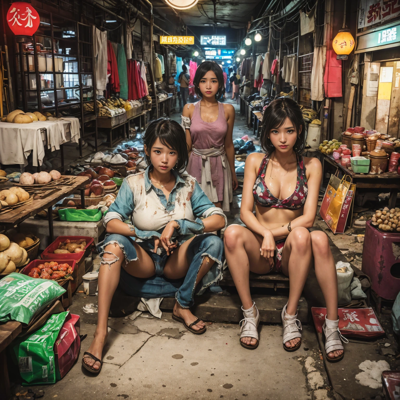 ((masterpiece、Highest quality))、Beautiful girls gather.、Girl in summer clothes、(Detailed and cute face:1.3)、(Poor conditions、Dim and unsanitary、Crumbling underground shopping mall、Showa Retro)、屋台のdiet店、stage、sewage、Dirty shop、street vendors、Unsanitary and abandoned city、smile、diet、Poor person々