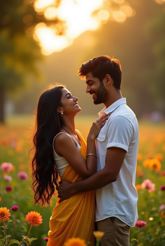 An Indian girl that is skinny hugging her true love her boyfriend