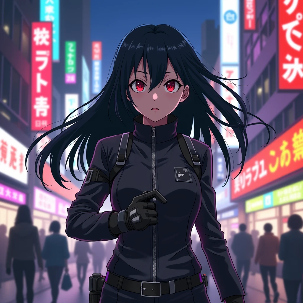Yuri with black hair and red eyes in action at spy and family in anime style