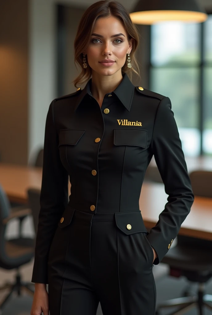 Create a women's work uniform with the name villania in black and gold