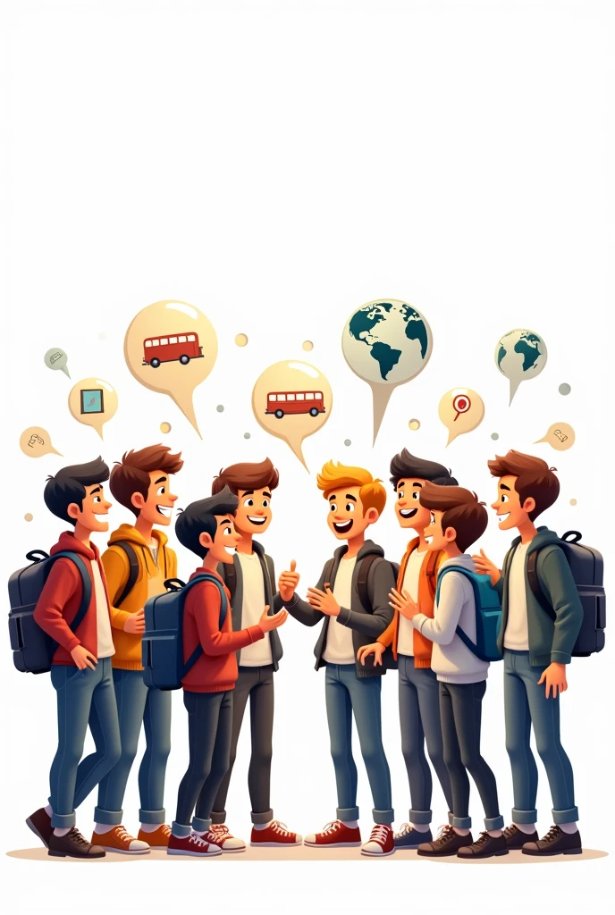 let's make image for me.I will use the image for a group photo. the group is about discussion of tour. and in the group there are eight of boys whom are study in inter 2nd year.
let's make the image with white background,and animated people. also with two related short icon which will apears transparently on the photo. add more transparent icon about tour,bus and train.
