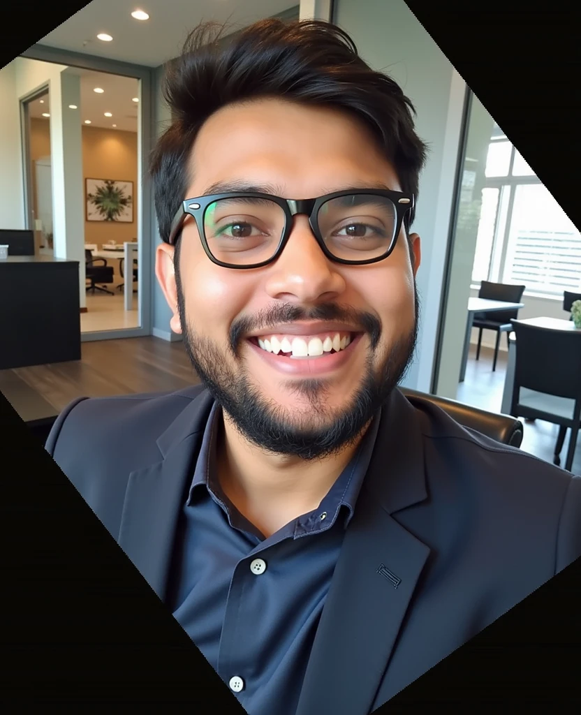 Convert thi image into 22 year old indian boy With fair skin Wearing spectacles and narrow body Posing for a linkedin picture in formals