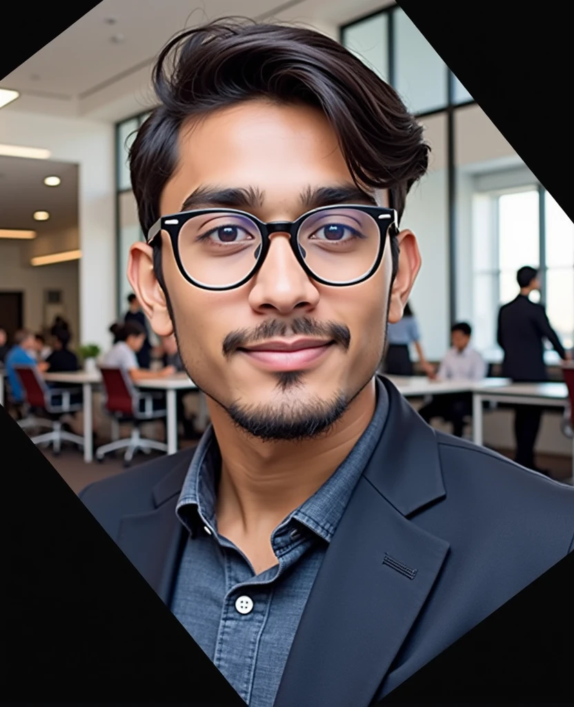 Convert thi image into 22 year old indian boy With fair skin Wearing spectacles and narrow body Posing for a linkedin picture in formals