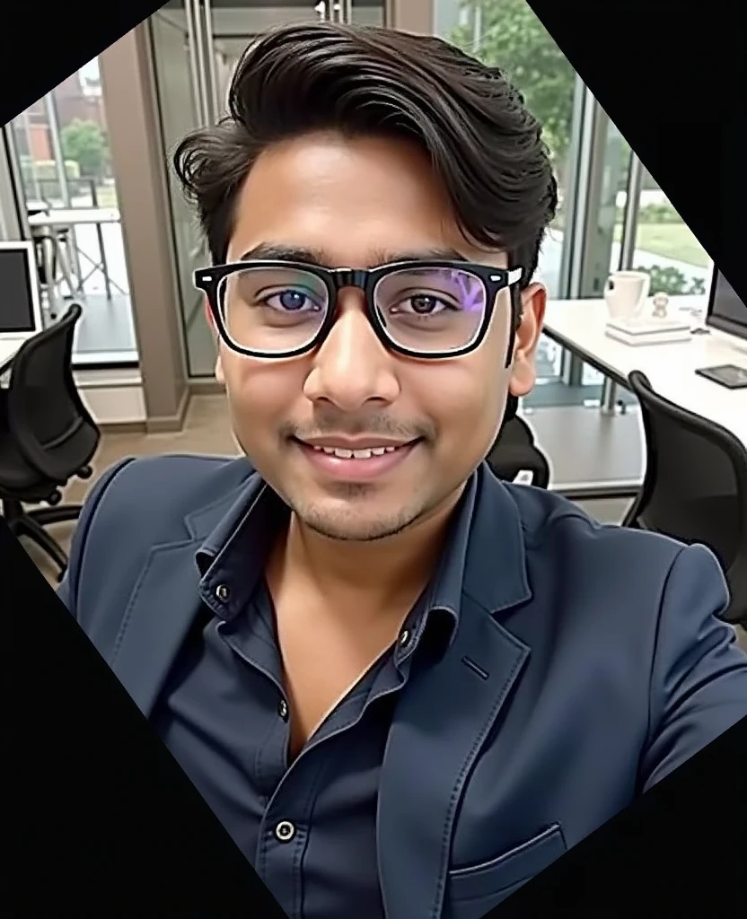 Convert thi image into 22 year old indian boy With fair skin Wearing spectacles and narrow body Posing for a linkedin picture in formals