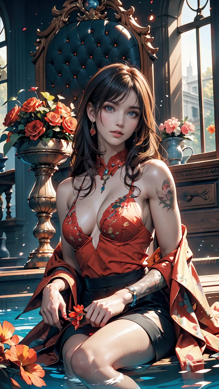Tattoo on body、There is a woman holding flowers., album art, realism art, Sitting on an underwater throne, Art Cover, realism art style, album, Realistic art, Official Artwork, realism artstyle, music album art, Adam Dario Kiel, Realistic artwork, album Art Cover, Official Art, Little Peep, inspired Adam Dario Kiel