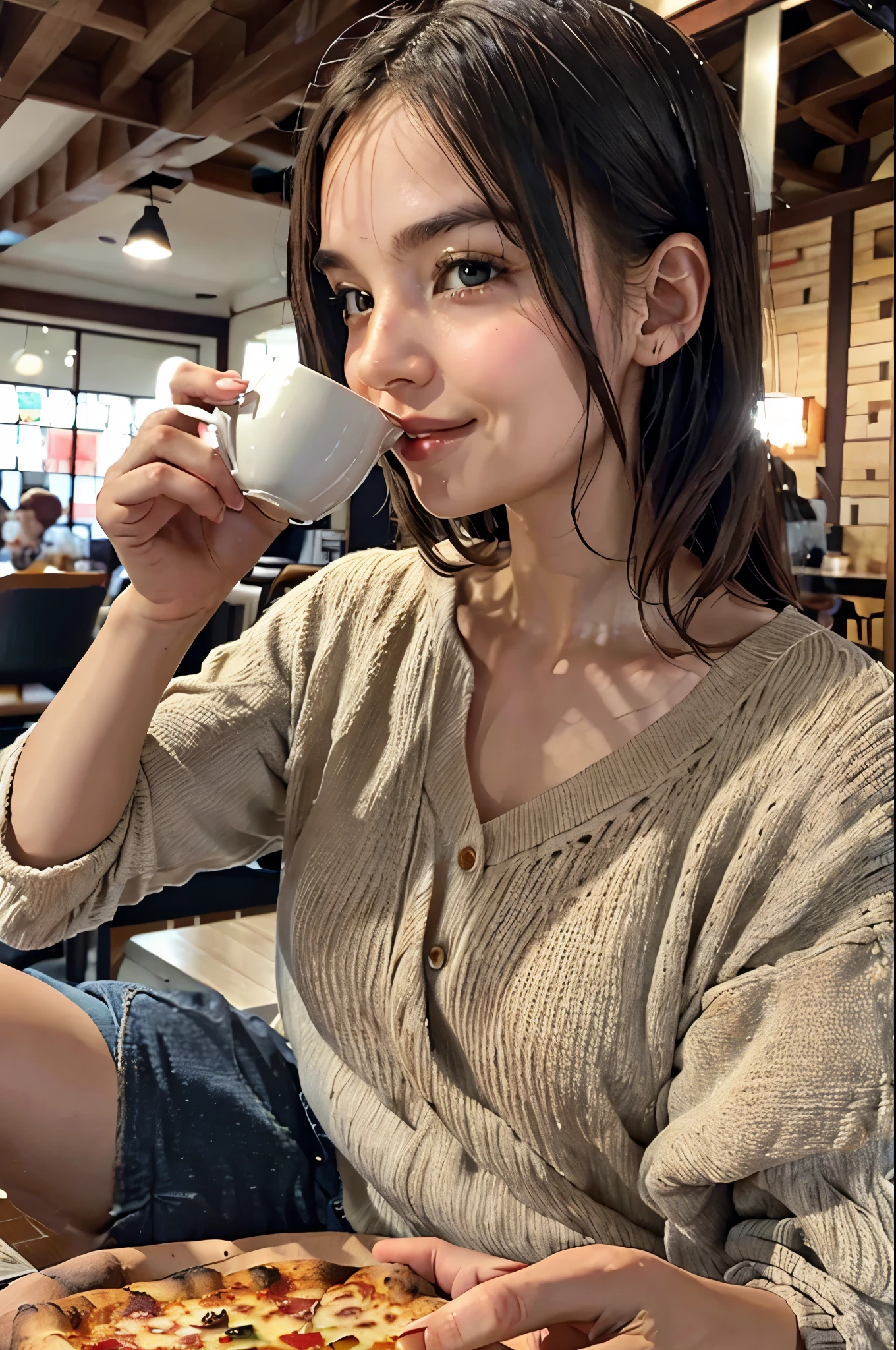 Eating a pizza,  drinking a cup of tea