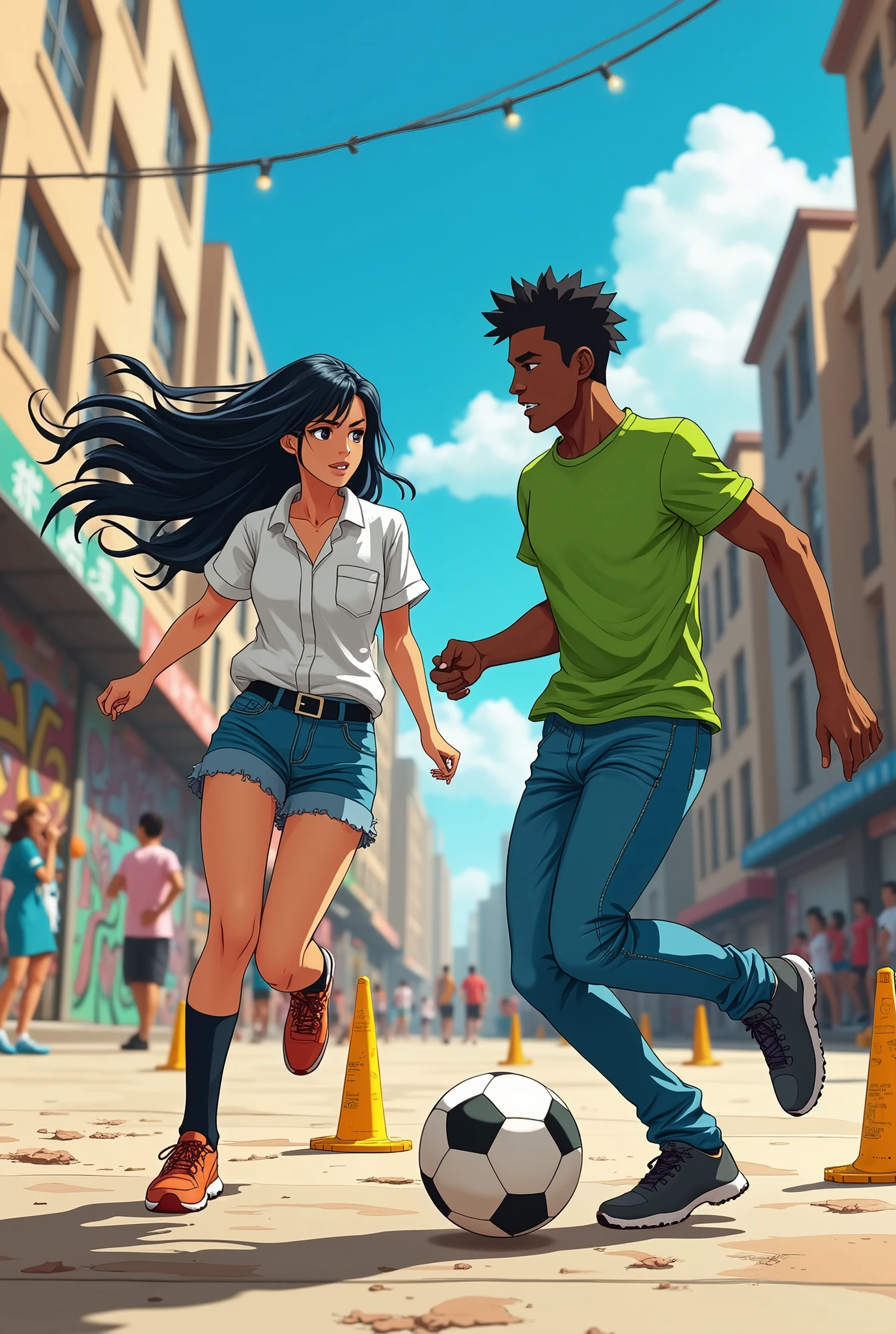 A tanned anime woman with long black hair wearing a white shirt and blue denim shorts, and a dark-skinned man wearing a green shirt and blue denim jeans, playing in a street football match.