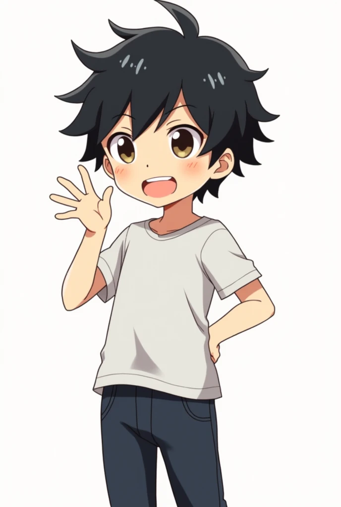Simple anima boy character standing ( black hair ) (brown eyes) (hand in explaining gesture) no background