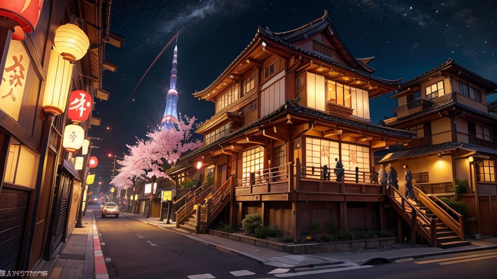 A high-end Japanese restaurant with a ninja twist Fold cherry blossoms Yellow neon Golden Pika Building streets of the near future Japanese Cyber hologram huge round window Elegant adult space shuttle Searchlight Gorgeous skyscraper