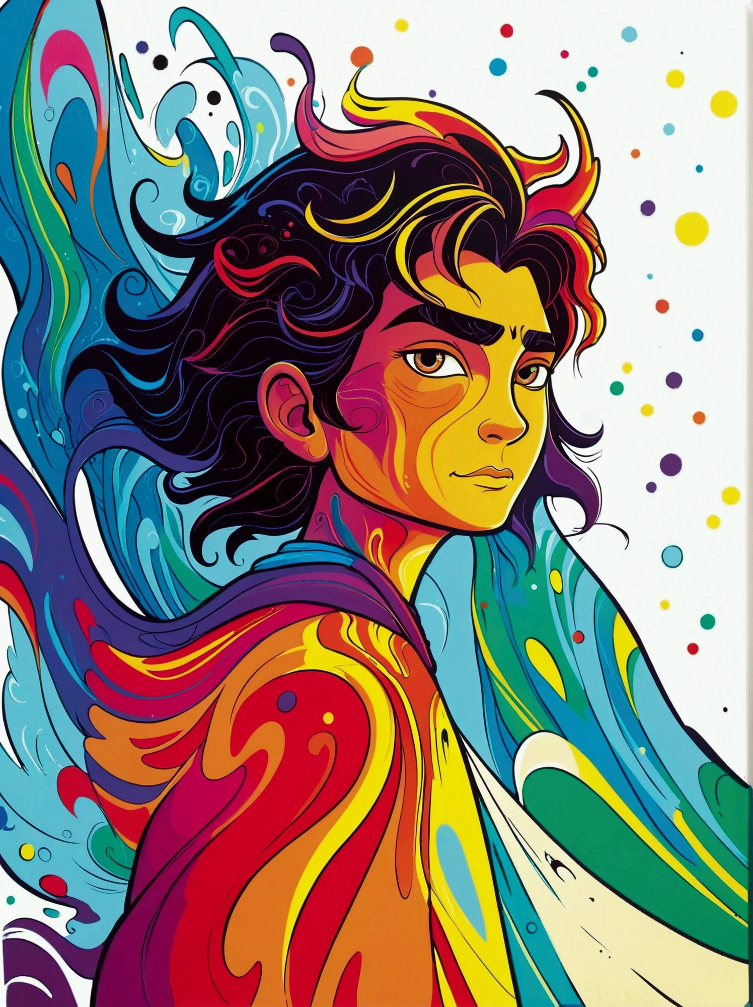 a Surfer, colorful cartoon-style illustration from an award winning animated movie, illustrated in bold outlines, showcasing its colors and shapes. The character is depicted adorned colorful energy against a white background, mythical creature