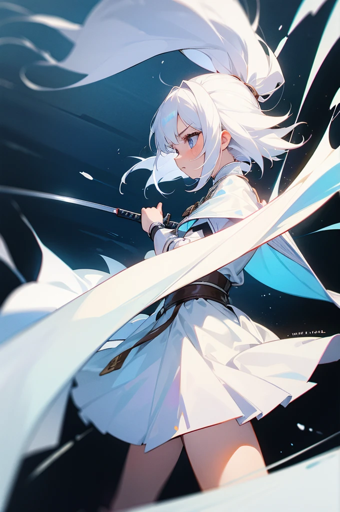 A small girl with white hair, wearing white armor and a cloak, wielding twin swords, a sense of speed.