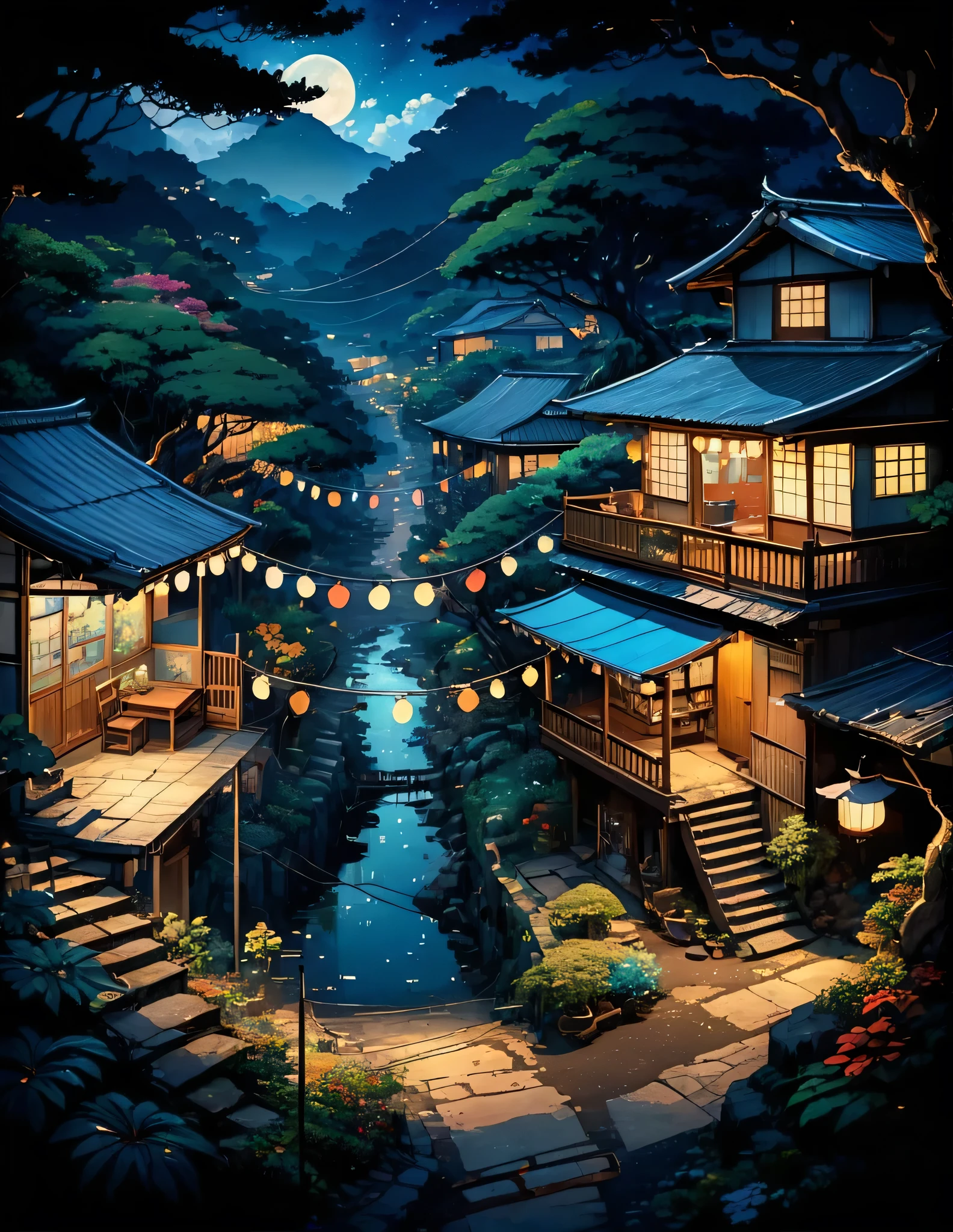 aerial view, ghibli art scene, indian tropical old hut, village scene, late night scene, string lights, Japan, stairs, night sky, small garden in the front, wires and poles, notice board on front wall, light shadow, aesthetically beautiful, cracked old road, remote location, big tree branch, nature, shed, cozy atmosphere, micro landscape, intrinsic details, masterpiece